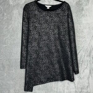 CJ Banks 2X Top Shirt Black Geometric Long Sleeve Round Neck Metallic Stretch